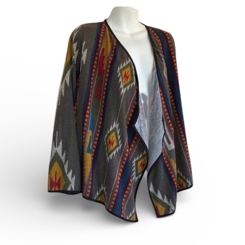 AUDREY Women's Cardigan Sweater, Aztec Pattern, colorful, waterfall front. S